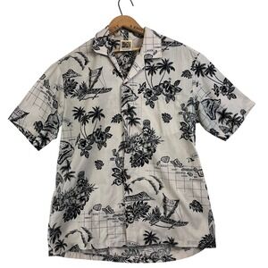 Vintage Men's Hawaiian Aloha Shirt Map Print Button Down Size L Islands Floral